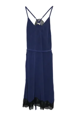 Navy sand-washed silk pullover lace-trimmed tie-waist racerback slip dress with adjustable spaghetti straps
