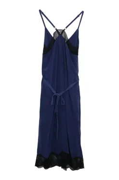 Navy sand-washed silk pullover lace-trimmed tie-waist racerback slip dress with adjustable spaghetti straps