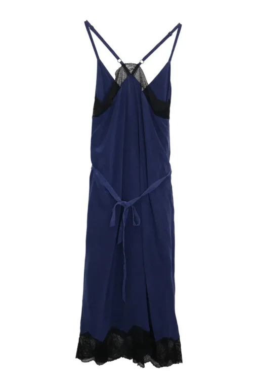 Navy sand-washed silk pullover lace-trimmed tie-waist racerback slip dress with adjustable spaghetti straps