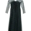 Navy semi-sheer layered polyester tartan tulle plunge neck empire-waist gown with stacked ribbon-tie fastening