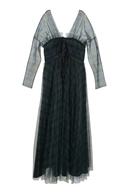 Navy semi-sheer layered polyester tartan tulle plunge neck empire-waist gown with stacked ribbon-tie fastening