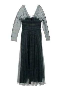 Navy semi-sheer layered polyester tartan tulle plunge neck empire-waist gown with stacked ribbon-tie fastening