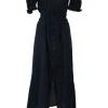 Navy semi-sheer linen combination-style Marquise puff sleeve midi dress with corset-style lace-up fastening