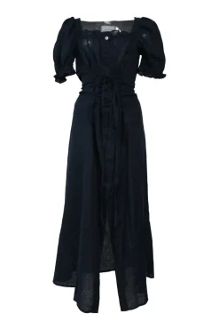 Navy semi-sheer linen combination-style Marquise puff sleeve midi dress with corset-style lace-up fastening