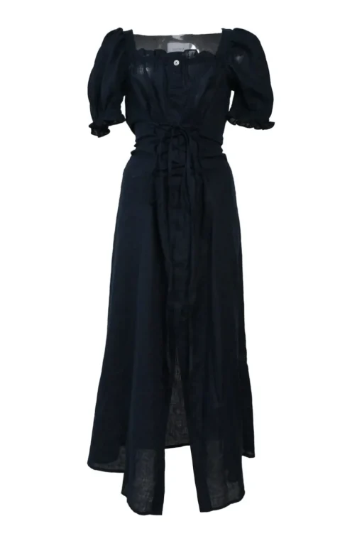 Navy semi-sheer linen combination-style Marquise puff sleeve midi dress with corset-style lace-up fastening