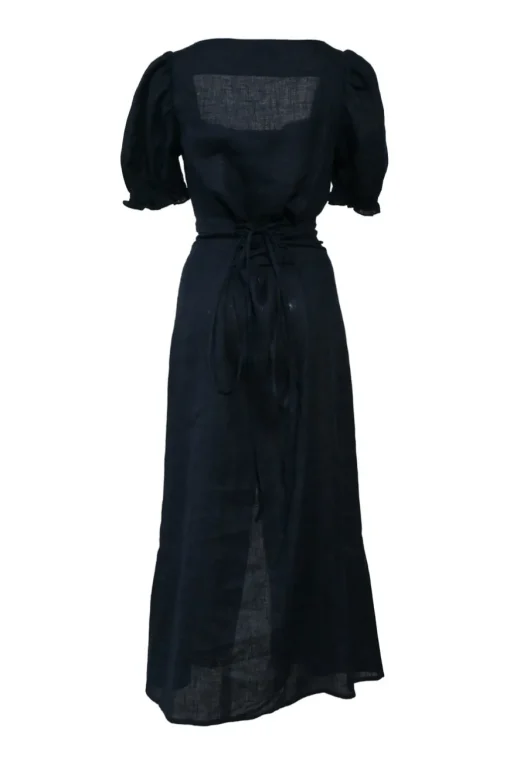 Navy semi-sheer linen combination-style Marquise puff sleeve midi dress with corset-style lace-up fastening