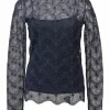 Navy semi-sheer polyamide-blend glitter pointelle knit peek-a-boo long sleeve top with scalloped edges