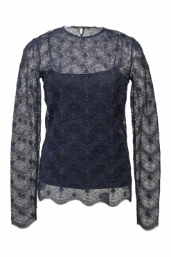 Navy semi-sheer polyamide-blend glitter pointelle knit peek-a-boo long sleeve top with scalloped edges