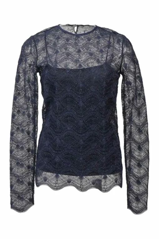 Navy semi-sheer polyamide-blend glitter pointelle knit peek-a-boo long sleeve top with scalloped edges