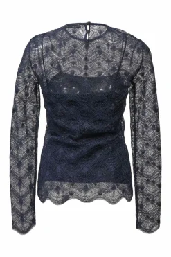 Navy semi-sheer polyamide-blend glitter pointelle knit peek-a-boo long sleeve top with scalloped edges