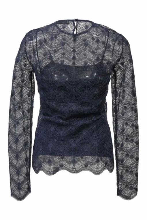 Navy semi-sheer polyamide-blend glitter pointelle knit peek-a-boo long sleeve top with scalloped edges
