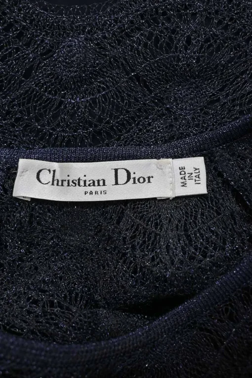 Navy semi-sheer polyamide-blend glitter pointelle knit peek-a-boo long sleeve top with scalloped edges