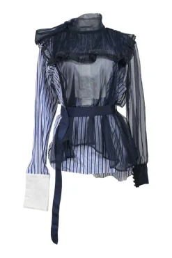 Navy semi-sheer polyester mixed-media peek-a-boo pussy-bow peplum blouse with pinutck ruffle bib