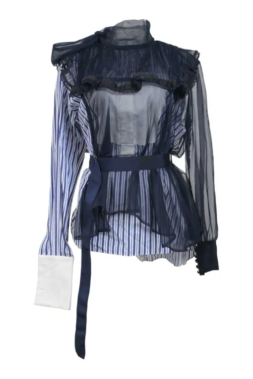 Navy semi-sheer polyester mixed-media peek-a-boo pussy-bow peplum blouse with pinutck ruffle bib