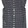 Navy semi-sheer polyester chainlink guipure lace flutter cap sleeve button-front top
