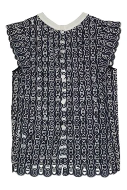 Navy semi-sheer polyester chainlink guipure lace flutter cap sleeve button-front top