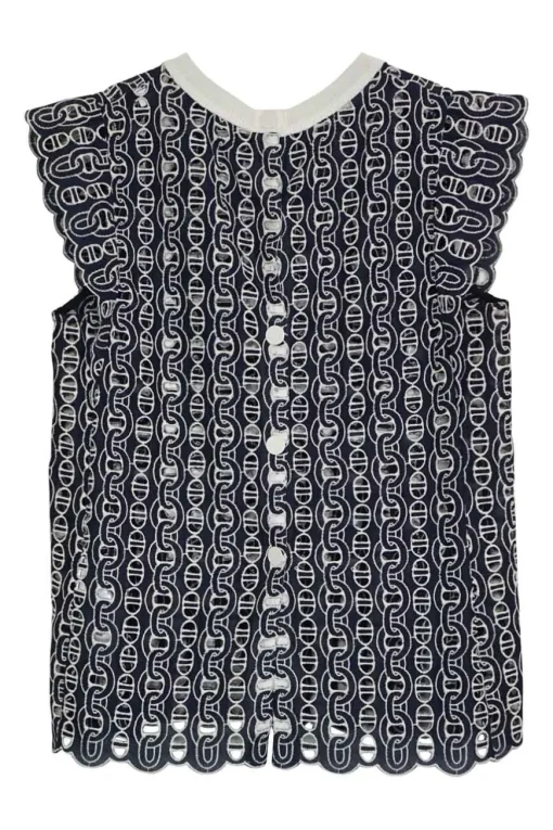 Navy semi-sheer polyester chainlink guipure lace flutter cap sleeve button-front top