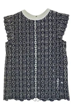 Navy semi-sheer polyester chainlink guipure lace flutter cap sleeve button-front top