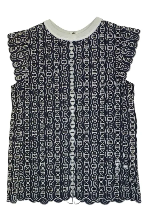 Navy semi-sheer polyester chainlink guipure lace flutter cap sleeve button-front top