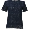 Navy semi-sheer raw edge cotton floral lace short sleeve blouse
