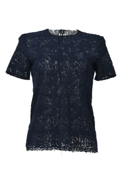 Navy semi-sheer raw edge cotton floral lace short sleeve blouse