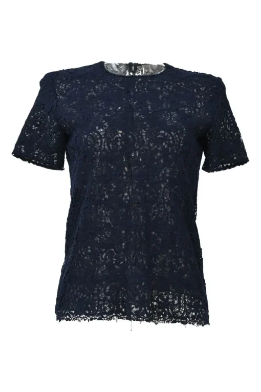 Navy semi-sheer raw edge cotton floral lace short sleeve blouse