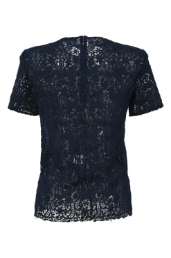 Navy semi-sheer raw edge cotton floral lace short sleeve blouse