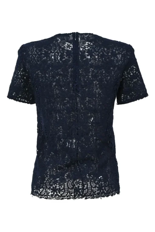 Navy semi-sheer raw edge cotton floral lace short sleeve blouse