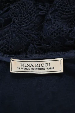 Navy semi-sheer raw edge cotton floral lace short sleeve blouse