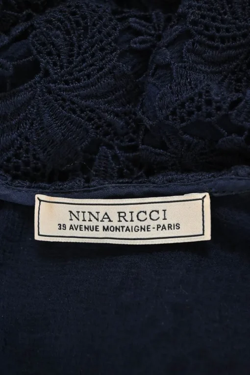 Navy semi-sheer raw edge cotton floral lace short sleeve blouse
