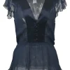 Navy semi-sheer silk Lidiya flutter sleeve peplum blouse with button-loop fastening at centre front