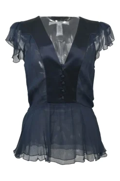 Navy semi-sheer silk Lidiya flutter sleeve peplum blouse with button-loop fastening at centre front