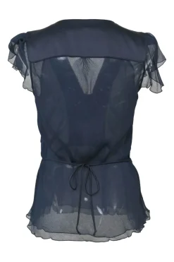 Navy semi-sheer silk Lidiya flutter sleeve peplum blouse with button-loop fastening at centre front