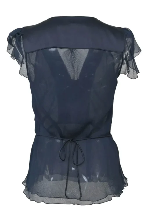 Navy semi-sheer silk Lidiya flutter sleeve peplum blouse with button-loop fastening at centre front