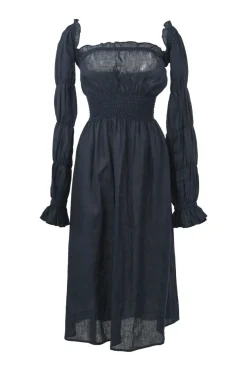 Navy semi-sheer smocked linen Michelin midi A-line dress with elasticated Juliette sleeves