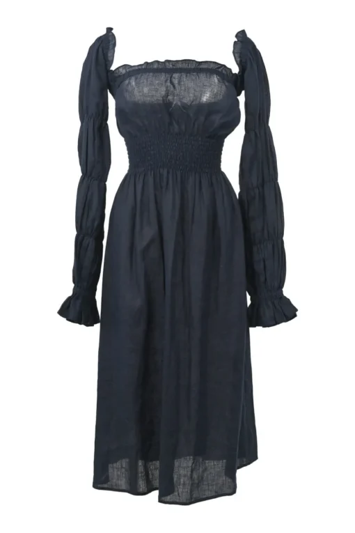 Navy semi-sheer smocked linen Michelin midi A-line dress with elasticated Juliette sleeves