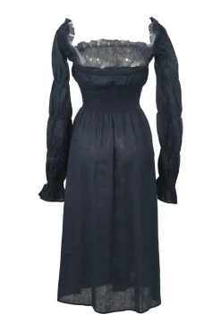 Navy semi-sheer smocked linen Michelin midi A-line dress with elasticated Juliette sleeves