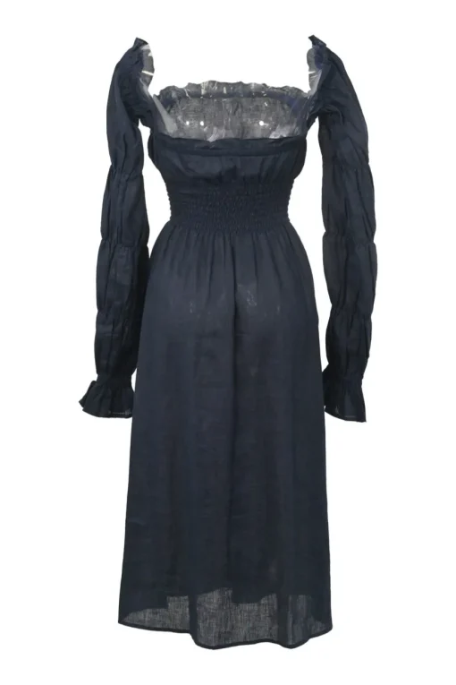Navy semi-sheer smocked linen Michelin midi A-line dress with elasticated Juliette sleeves