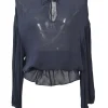 Navy semi-sheer tie-front keyhole peplum blouse with drawstring waist