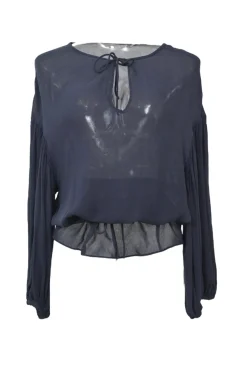 Navy semi-sheer tie-front keyhole peplum blouse with drawstring waist