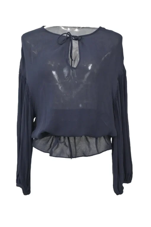 Navy semi-sheer tie-front keyhole peplum blouse with drawstring waist