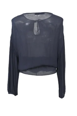 Navy semi-sheer tie-front keyhole peplum blouse with drawstring waist