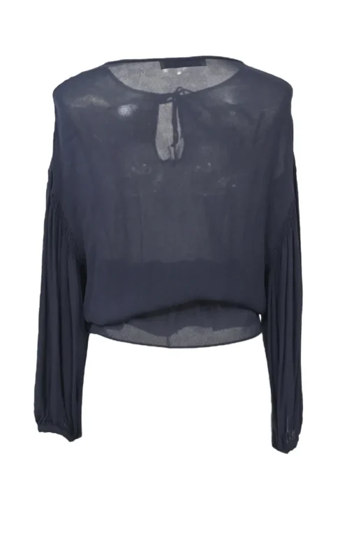 Navy semi-sheer tie-front keyhole peplum blouse with drawstring waist