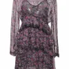 Navy semi-sheer viscose Society abstract print long sleeve peek-a-boo mini dress with tiered ruffled skirt