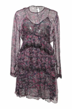 Navy semi-sheer viscose Society abstract print long sleeve peek-a-boo mini dress with tiered ruffled skirt
