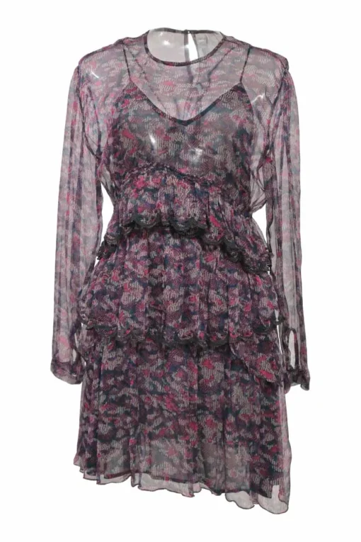 Navy semi-sheer viscose Society abstract print long sleeve peek-a-boo mini dress with tiered ruffled skirt