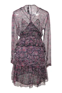 Navy semi-sheer viscose Society abstract print long sleeve peek-a-boo mini dress with tiered ruffled skirt