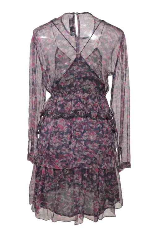 Navy semi-sheer viscose Society abstract print long sleeve peek-a-boo mini dress with tiered ruffled skirt
