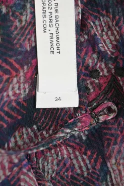 Navy semi-sheer viscose Society abstract print long sleeve peek-a-boo mini dress with tiered ruffled skirt