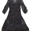 Navy silk abstract bird print button-loop front A-line tiered ruffle midi dress with blouson sleeves